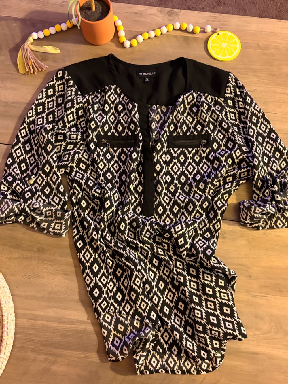 My Michelle Black and White Geometric Blouse